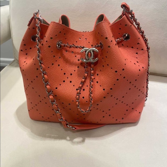Chanel Caviar Drawstring Perforated Bucket Bag Coral Pink Orange Silver HW - Picture 3 of 16